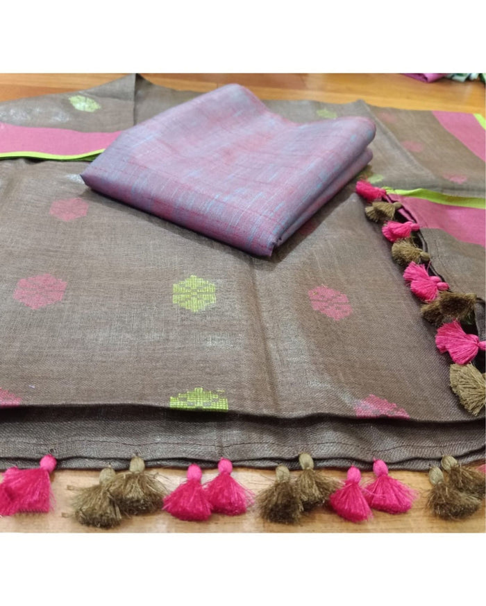 Pure Linen Colorful Gray Dupatta & Katan Silk Purple Top Set