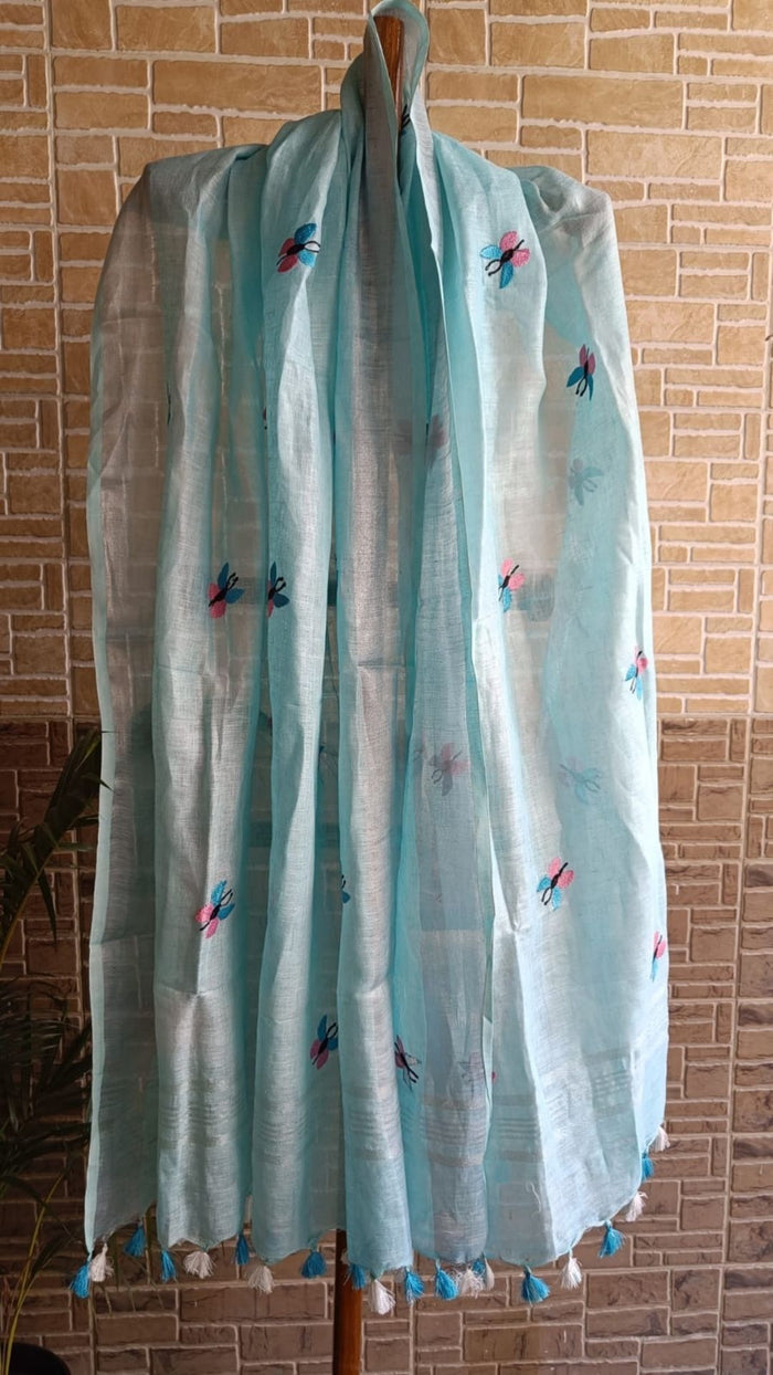 Pure Linen Dupatta Blue Color with Embroidery