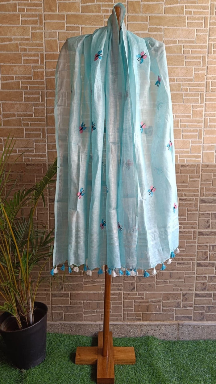 Pure Linen Dupatta Blue Color with Embroidery