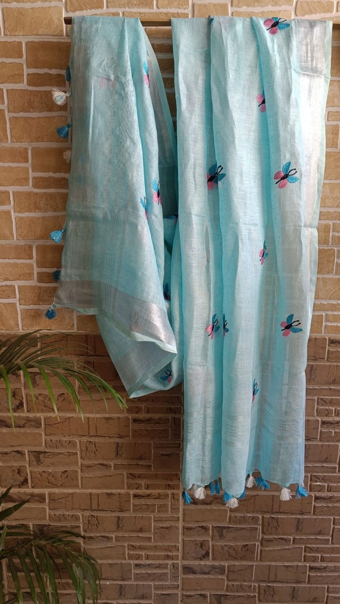 Pure Linen Dupatta Blue Color with Embroidery