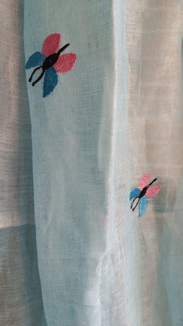 Pure Linen Dupatta Blue Color with Embroidery