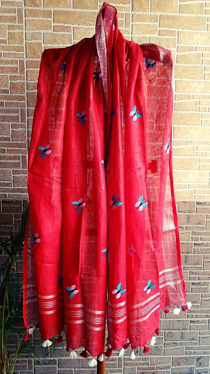 Pure Linen Dupatta Red Color with Embroidery