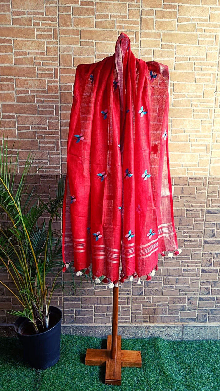 Pure Linen Dupatta Red Color with Embroidery