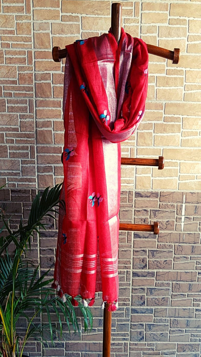 Pure Linen Dupatta Red Color with Embroidery