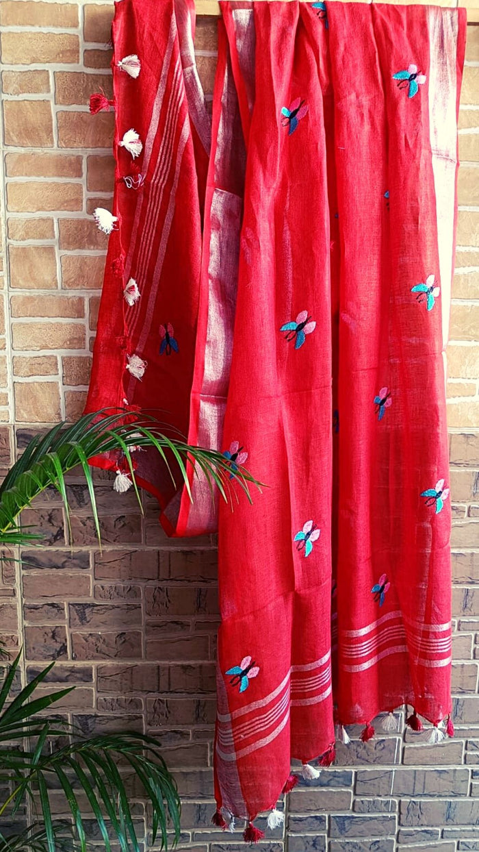 Pure Linen Dupatta Red Color with Embroidery