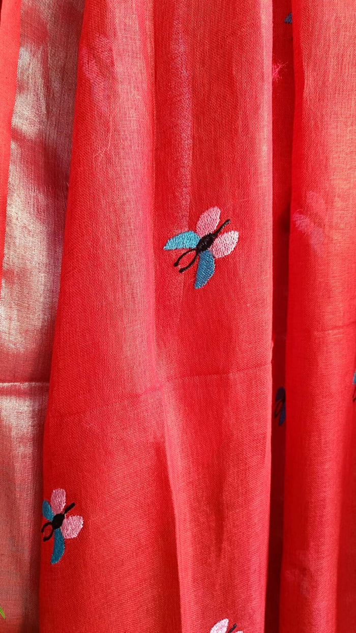 Pure Linen Dupatta Red Color with Embroidery
