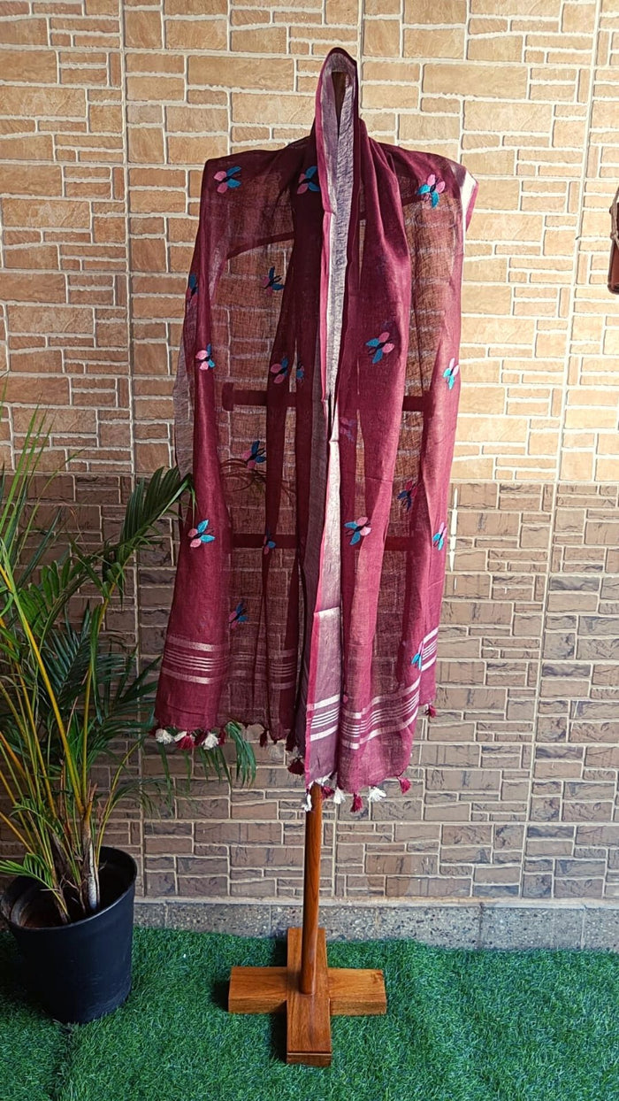 Pure Linen Dupatta Red Color with Embroidery