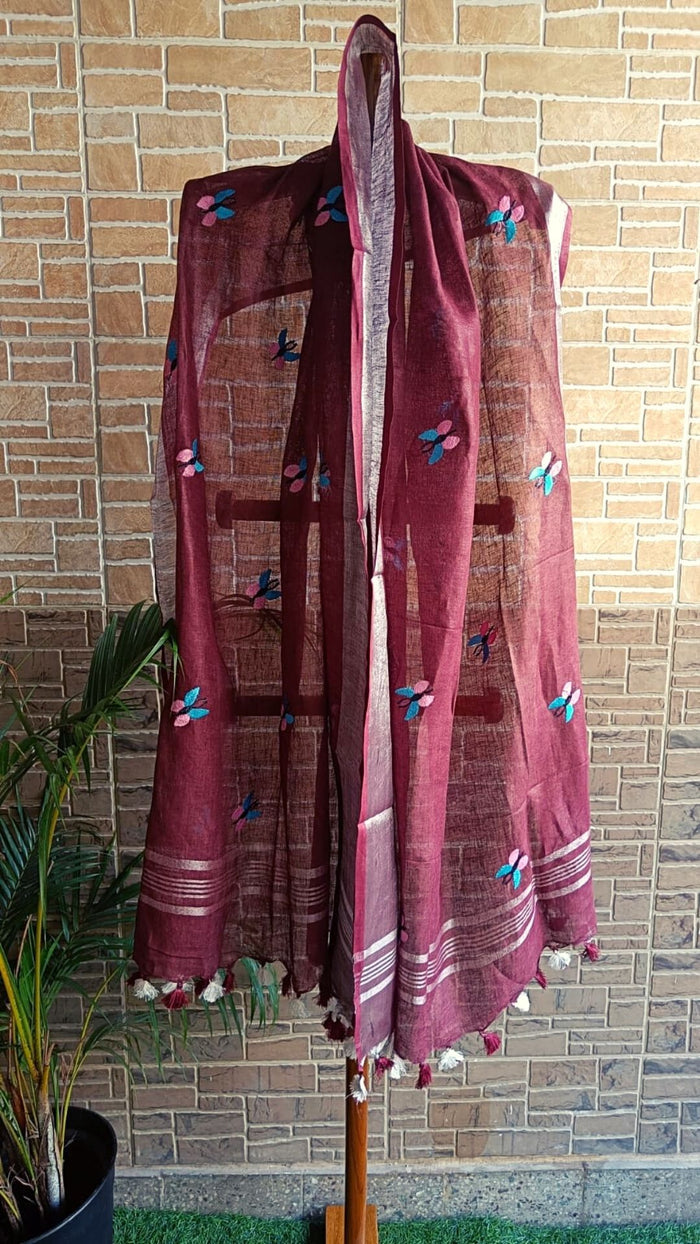 Pure Linen Dupatta Red Color with Embroidery