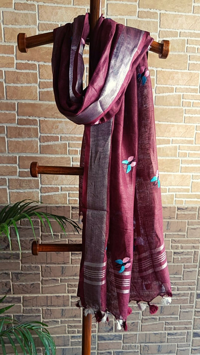 Pure Linen Dupatta Red Color with Embroidery