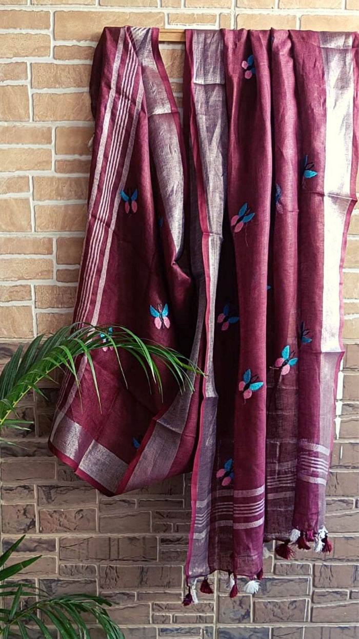 Pure Linen Dupatta Red Color with Embroidery