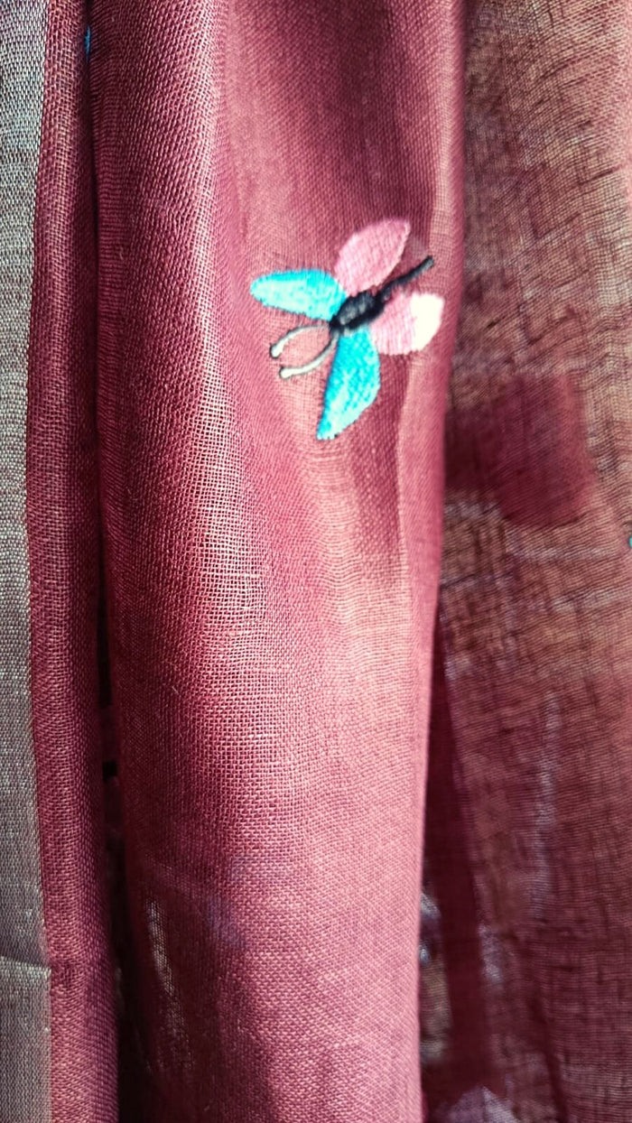 Pure Linen Dupatta Red Color with Embroidery
