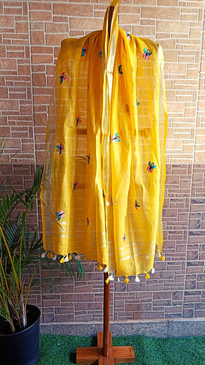 Pure Linen Energy Yellow Dupatta with Embroidery