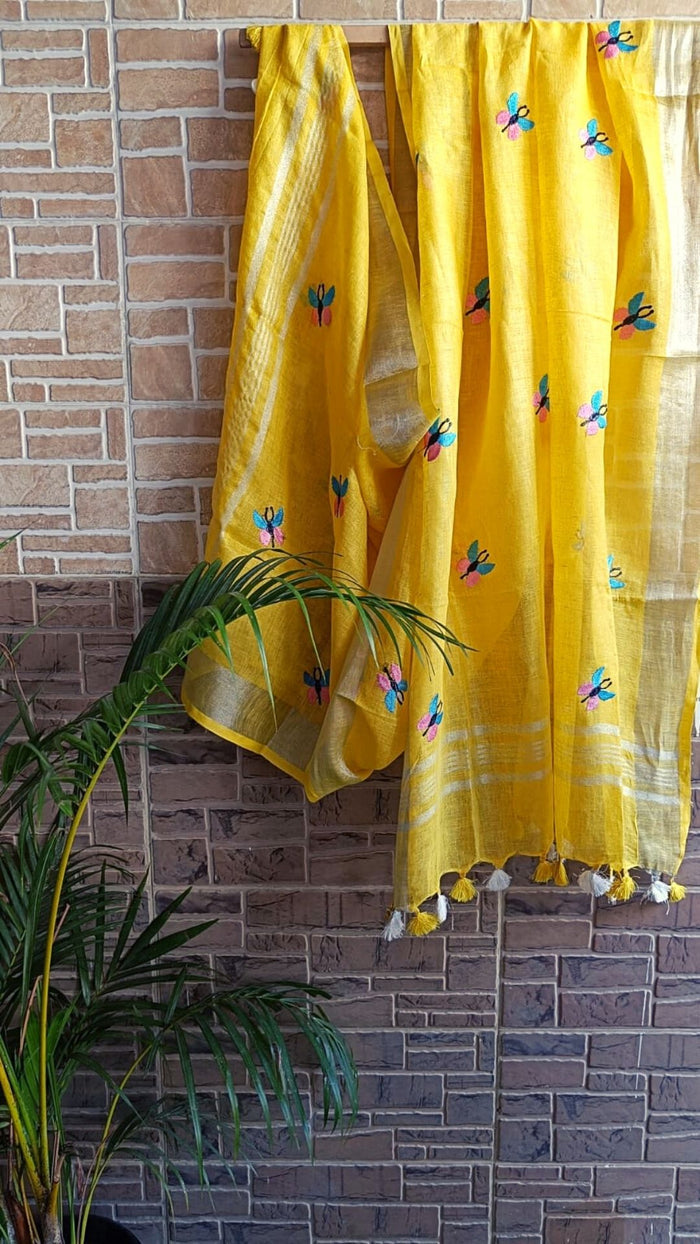 Pure Linen Energy Yellow Dupatta with Embroidery