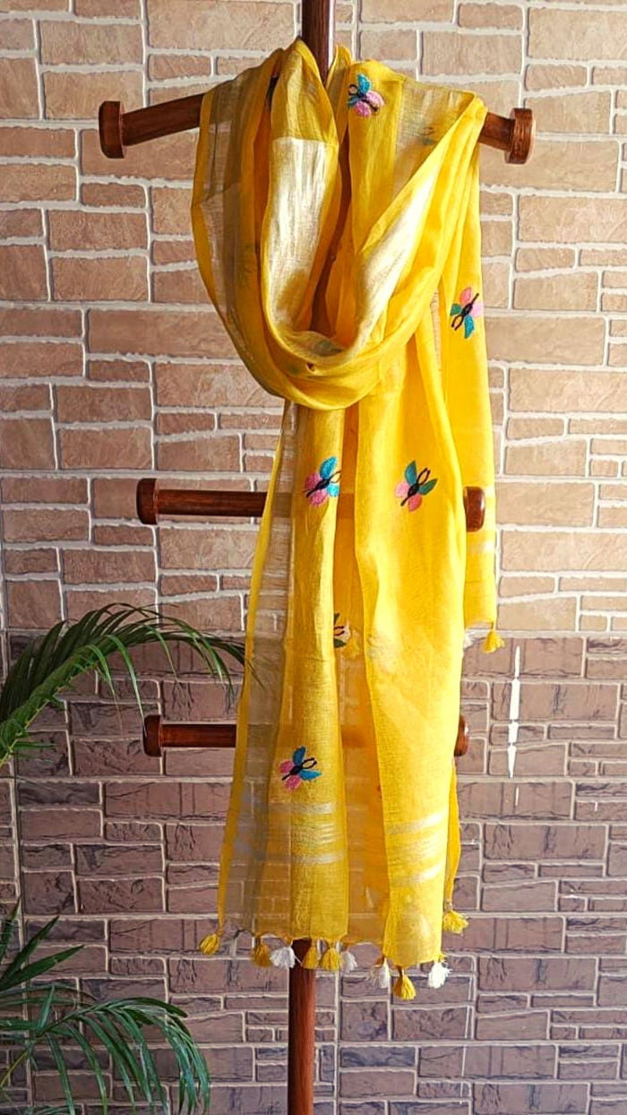 Pure Linen Energy Yellow Dupatta with Embroidery