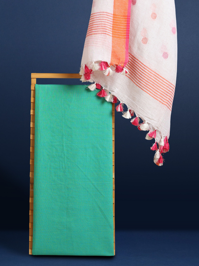 Pure Linen Modern White Dupatta & Katan Silk Green Top Set