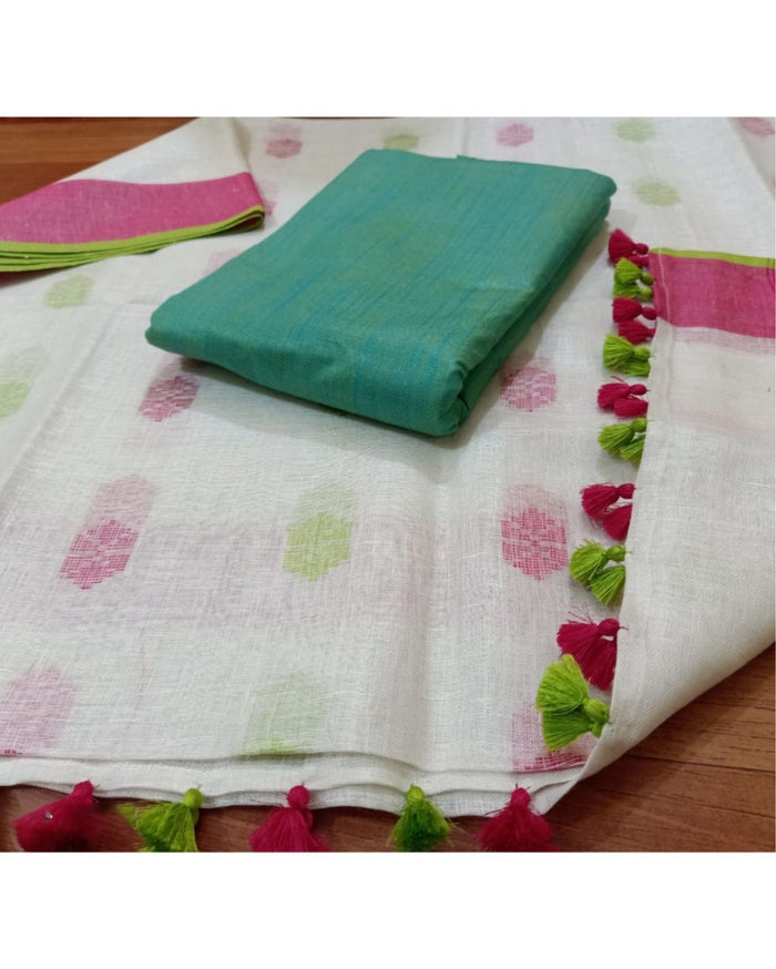 Pure Linen Serene White Dupatta & Katan Silk Green Top Set