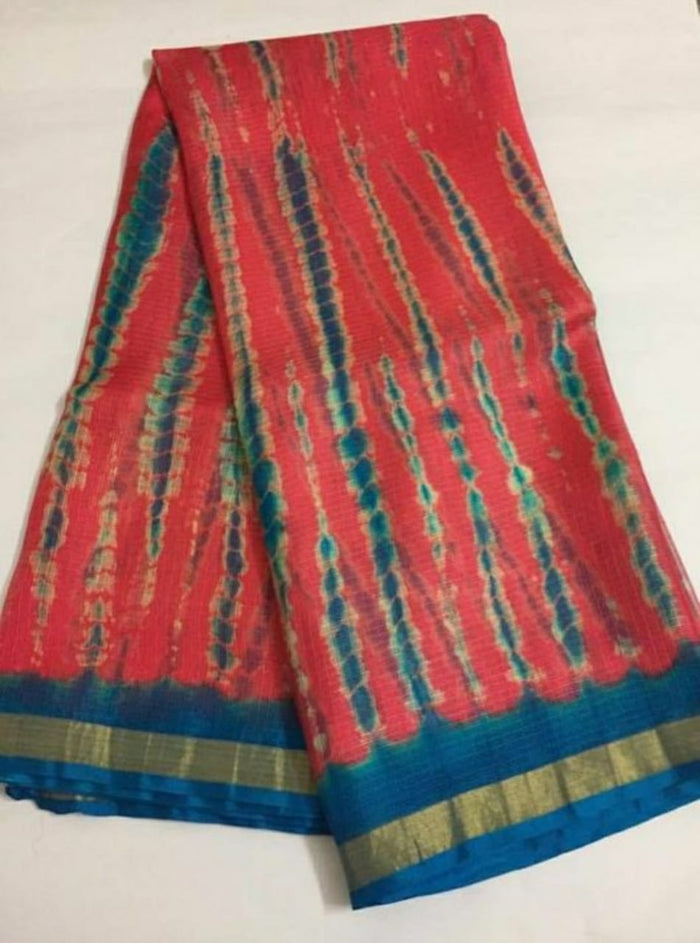 Pure Silk Kota Doria Multi Tye-Dye Sarees Red Color with running blouse-Indiehaat