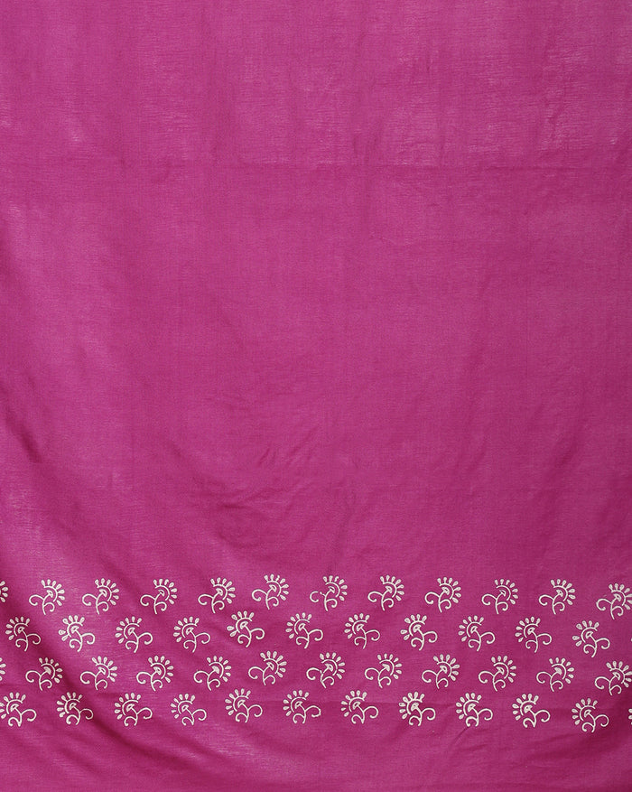 Fuchsia purple katan silk unstitched suit set with all-over white and pale gold floral hand block print, and a dupatta with striped ends and decorative fringe.