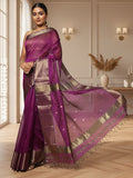 Handloom Maheshwari silk saree in purple, flower buti scattered across the body, with a wide golden zari border