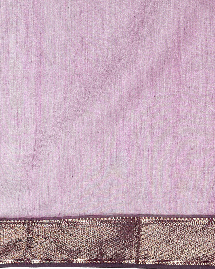 Handloom Maheshwari silk saree in purple, flower buti scattered across the body, with a wide golden zari border