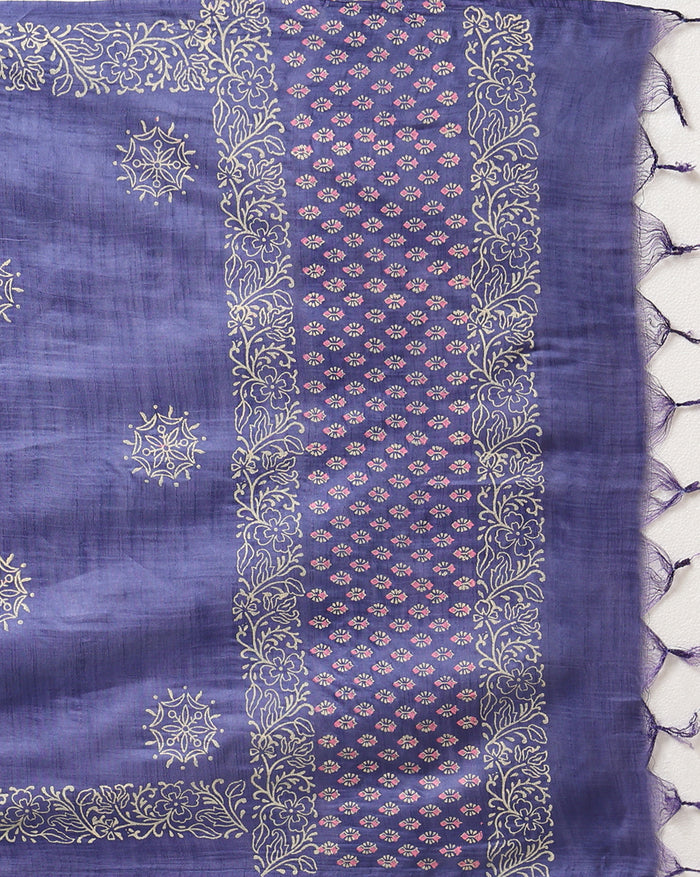Purple katan silk unstitched suit set hand block printed with small off-white and pale pink botanical motifs, with a panelled dupatta ending in a short self fringe.