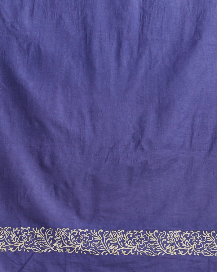 Purple katan silk unstitched suit set hand block printed with small off-white and pale pink botanical motifs, with a panelled dupatta ending in a short self fringe.