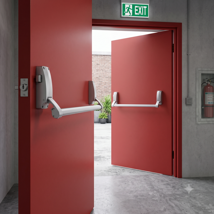 Push bar emergency exit with latch (reversible)