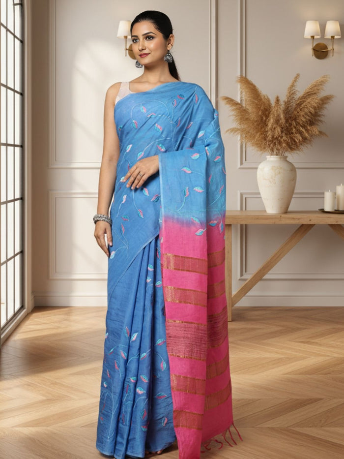 Quaint Eri Tussar Silk Embroidered Blue Saree