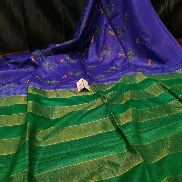 Eri Silk Digital Embroidered Blue Saree with Running Blouse-Indiehaat