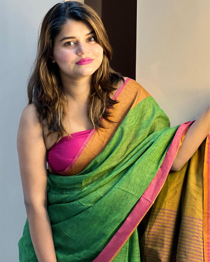 Handwoven Pure Linen Green Saree with Blouse-Indiehaat