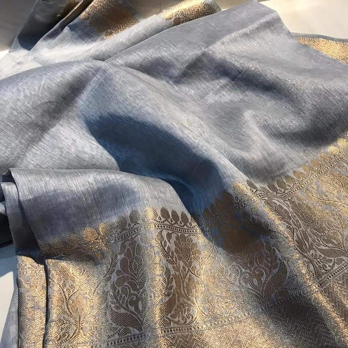 Silk Linen Banarasi Brocade Weaving Handloom Gray Saree with Blouse-Indiehaat