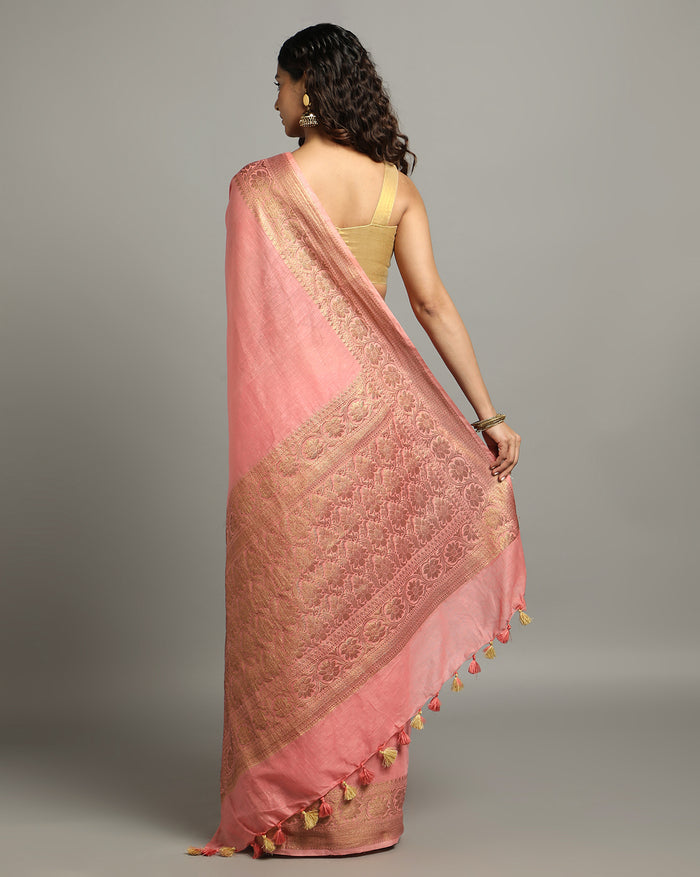 Silk Linen Banarasi Brocade Handloom Sweet Peach Saree with Blouse-Indiehaat