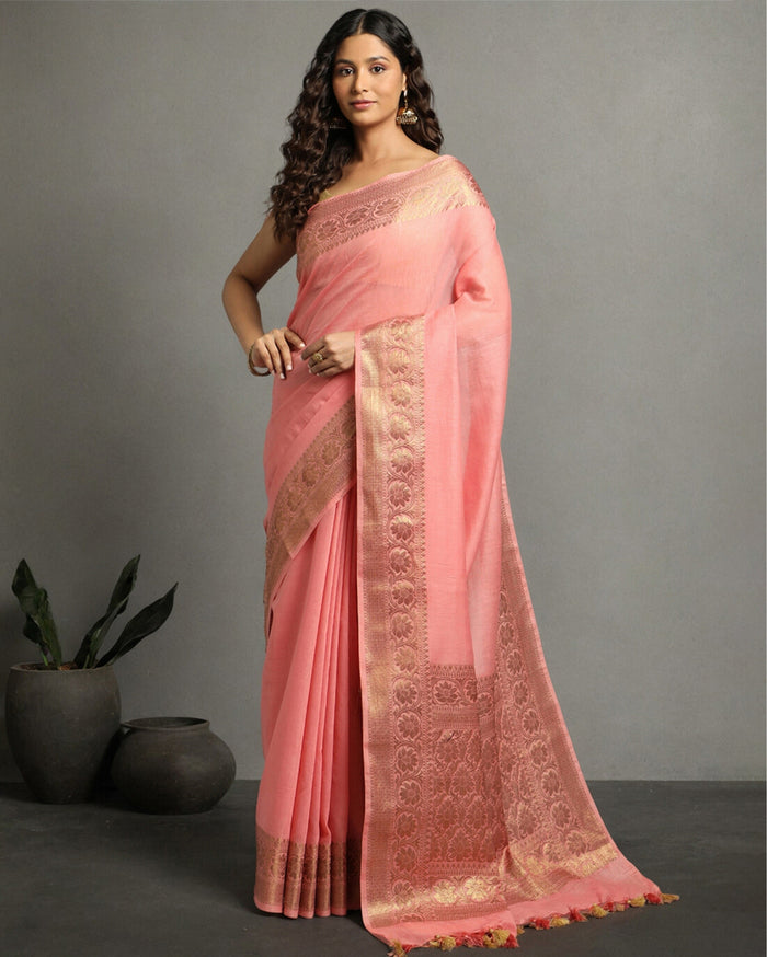 Silk Linen Banarasi Brocade Handloom Sweet Peach Saree with Blouse-Indiehaat