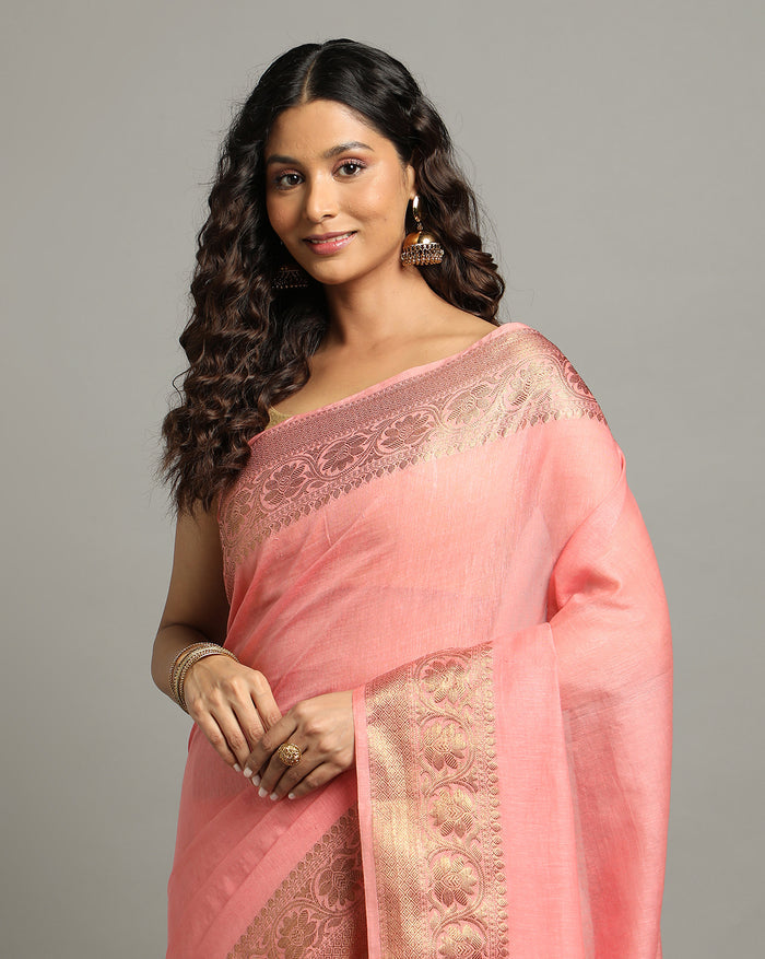 Silk Linen Banarasi Brocade Handloom Sweet Peach Saree with Blouse-Indiehaat