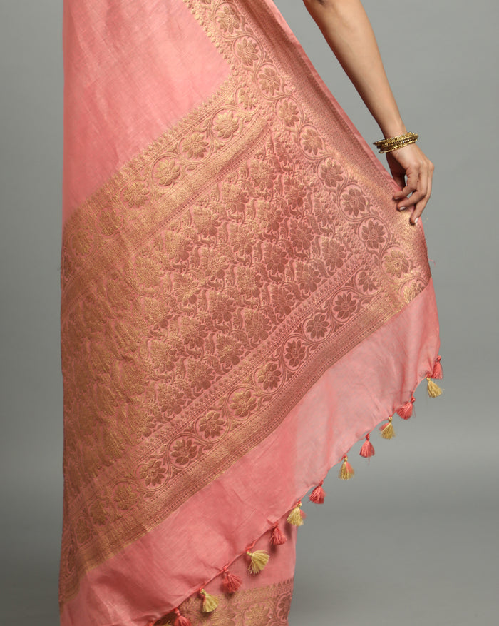Silk Linen Banarasi Brocade Handloom Sweet Peach Saree with Blouse-Indiehaat