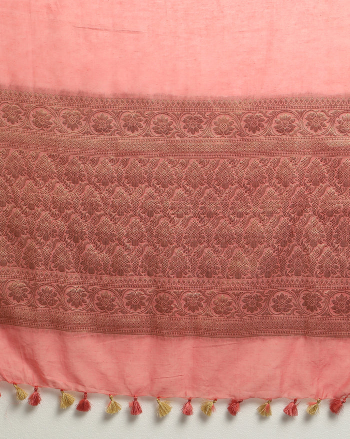 Silk Linen Banarasi Brocade Handloom Sweet Peach Saree with Blouse-Indiehaat