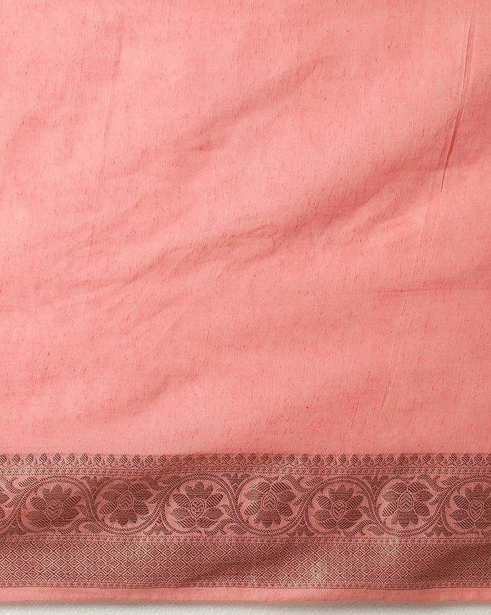 Silk Linen Banarasi Brocade Handloom Sweet Peach Saree with Blouse-Indiehaat