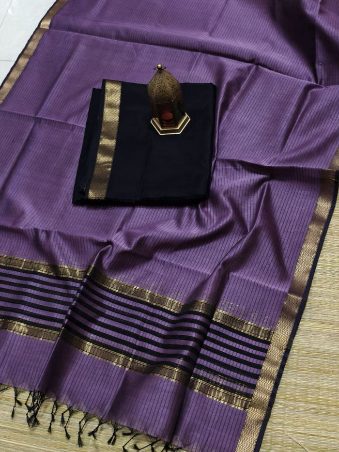 Indiehaat | Maheshwari Silk Zari Border Suit Black & Violet