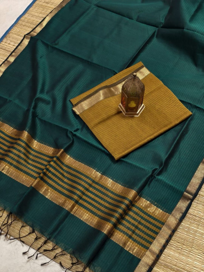 Indiehaat | Maheshwari Silk Zari Border Suit Green & Yellow