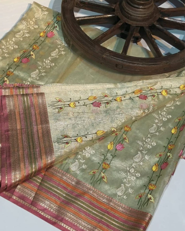 Indiehaat | Banarasi Tissue Silk Beige Embroidered Saree