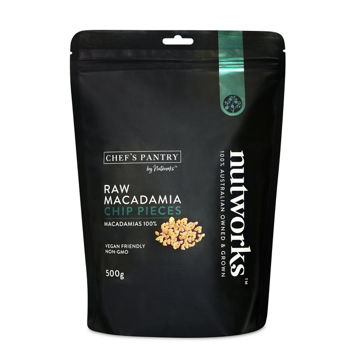 A package of Chef's Pantry Raw Macadamia Chip Pieces in a 500g black bag from Nutworks.