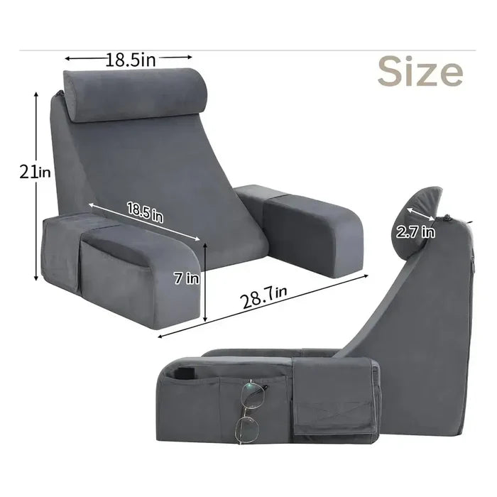 Reading pillow with armrests showing size dimensions and design.