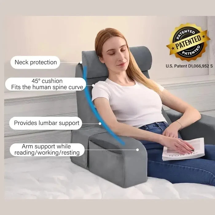 Reading pillow with armrests offering neck protection and lumbar support while relaxing.