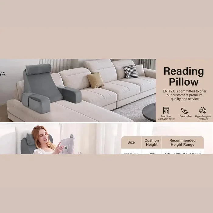 Reading Pillow with Armrests & Pockets – 45° Back Support Pillow for Bed – Pillows & Cushions