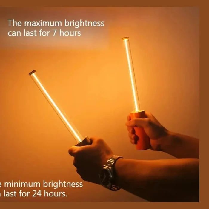 Rechargeable LED night light demonstrating maximum brightness lasting 7 hours and minimum brightness lasting 24 hours.