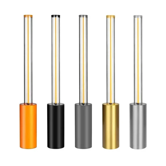 Five variations of a rechargeable LED night light, featuring minimalist bar design in orange, black, gray, gold, and silver.