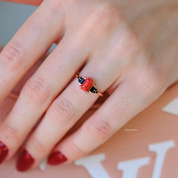 Red Fire Opal & Black Onyx Ring in 14K Rose Gold Vermeil unique engagement ring