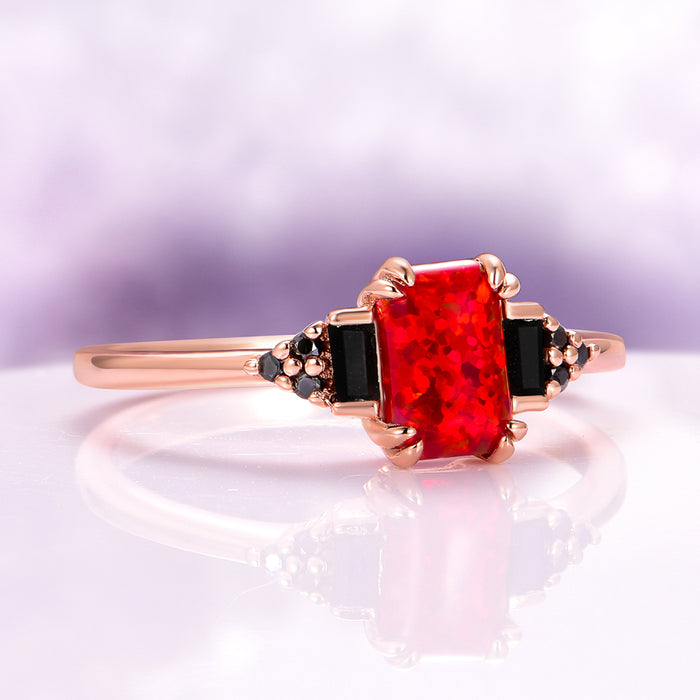 Red Fire Opal & Black Onyx Ring in 14K Rose Gold Vermeil unique engagement ring