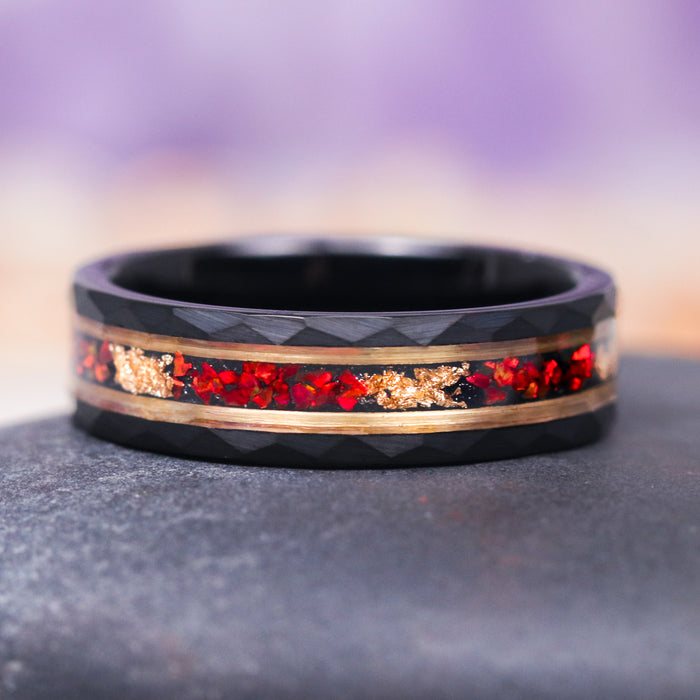 Red Fire Opal and Gold Leaf Wedding Band- 6MM Black and Gold Tungsten (Two Tone) by Aquamarise, featuring a faceted black tungsten band with a striking inlay of crushed red fire opal and gold leaf, from Men's Wedding Bands and Birthstone Jewelry collections.