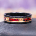 Red Fire Opal and Gold Leaf Wedding Band- 6MM Black and Gold Tungsten (Two Tone) by Aquamarise, featuring a faceted black tungsten band with a striking inlay of crushed red fire opal and gold leaf, from Men's Wedding Bands and Birthstone Jewelry collections.